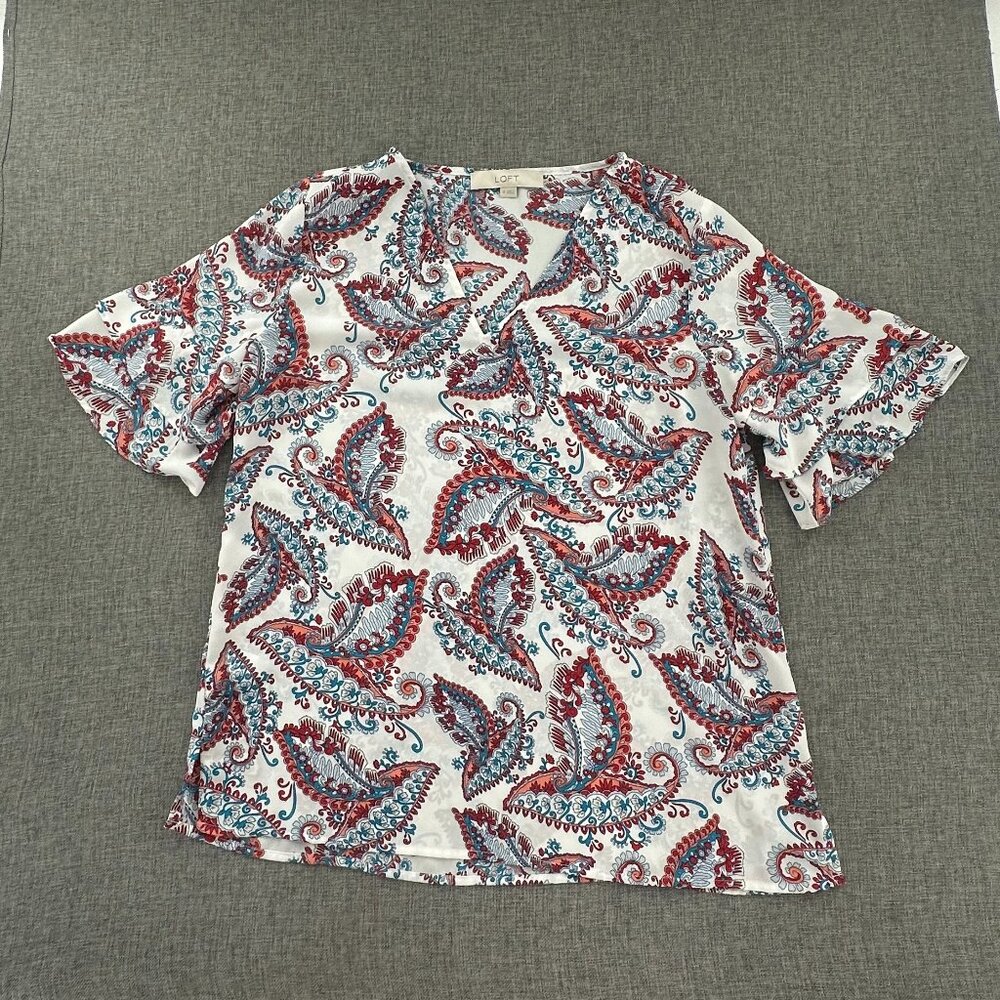 LOFT Blouse lightweight Paisley Print V-Neck Polyester XS Relaxed Fit